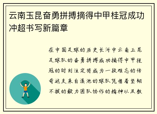 云南玉昆奋勇拼搏摘得中甲桂冠成功冲超书写新篇章 云南玉昆奋勇拼搏摘得中甲桂冠成功冲超书写新篇章