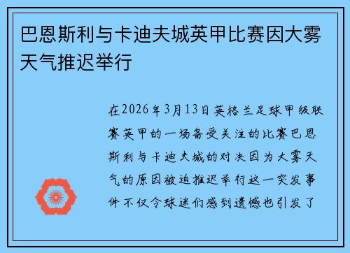 巴恩斯利与卡迪夫城英甲比赛因大雾天气推迟举行